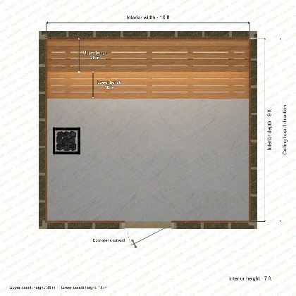 10 × 9 × 7 ft indoor sauna with straight benches, clear cedar top plan with room and bench dimensions