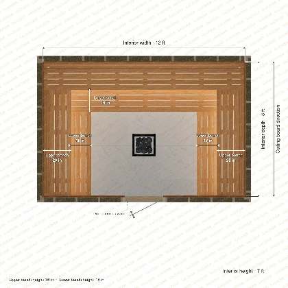 12 × 8 × 7 ft indoor sauna with u-shaped benches, clear cedar top plan with room and bench dimensions