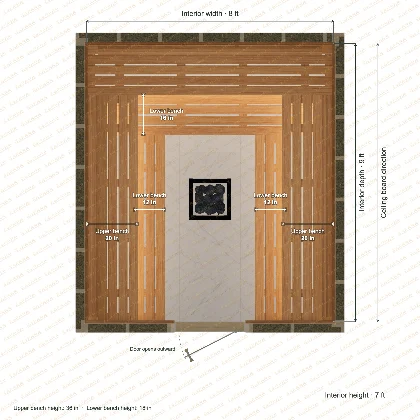 8 × 9 × 7 ft indoor sauna with u-shaped benches, clear cedar top plan with room and bench dimensions