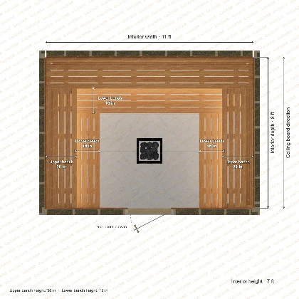 11 × 8 × 7 ft indoor sauna with u-shaped benches, clear cedar top plan with room and bench dimensions