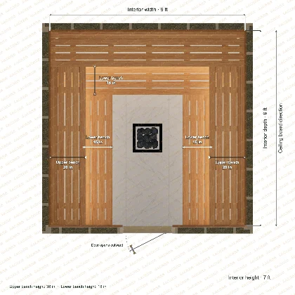 9 × 9 × 7 ft indoor sauna with u-shaped benches, clear cedar top plan with room and bench dimensions