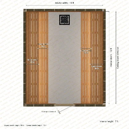 10 × 12 × 7 ft indoor sauna with opposing side benches, clear cedar top plan with room and bench dimensions