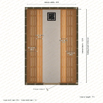 8 × 12 × 7 ft indoor sauna with opposing side benches, clear cedar top plan with room and bench dimensions