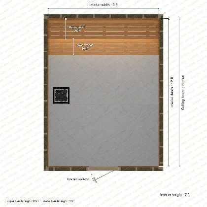 9 × 12 × 7 ft indoor sauna with straight benches, clear cedar top plan with room and bench dimensions