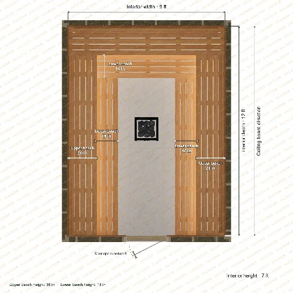 9 × 12 × 7 ft indoor sauna with u-shaped benches, clear cedar top plan with room and bench dimensions
