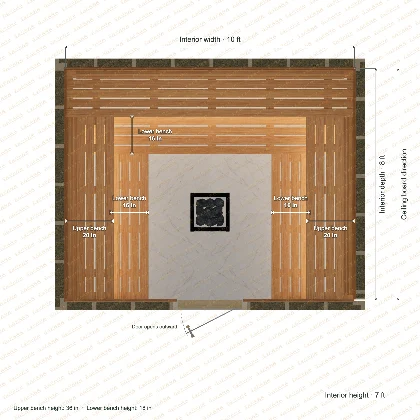 10 × 8 × 7 ft indoor sauna with u-shaped benches, clear cedar top plan with room and bench dimensions