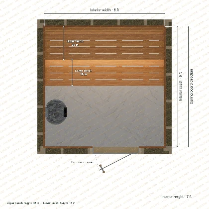 6 × 6 × 7 ft indoor sauna with straight benches, clear cedar top plan with room and bench dimensions