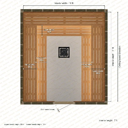 10 × 11 × 7 ft indoor sauna with u-shaped benches, clear cedar top plan with room and bench dimensions