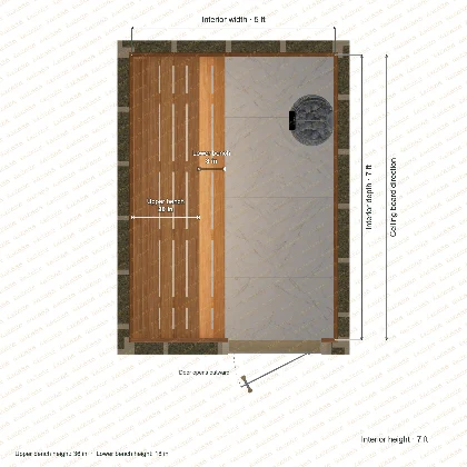 5 × 7 × 7 ft indoor sauna with straight benches, clear cedar top plan with room and bench dimensions