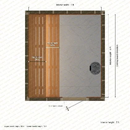 7 × 8 × 7 ft indoor sauna with straight benches, clear cedar top plan with room and bench dimensions