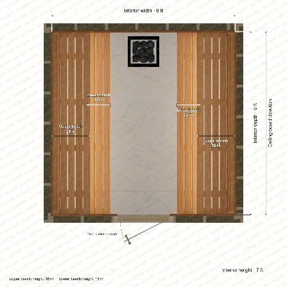 8 × 8 × 7 ft indoor sauna with opposing side benches, clear cedar top plan with room and bench dimensions
