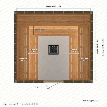 10 × 9 × 7 ft indoor sauna with u-shaped benches, clear cedar top plan with room and bench dimensions