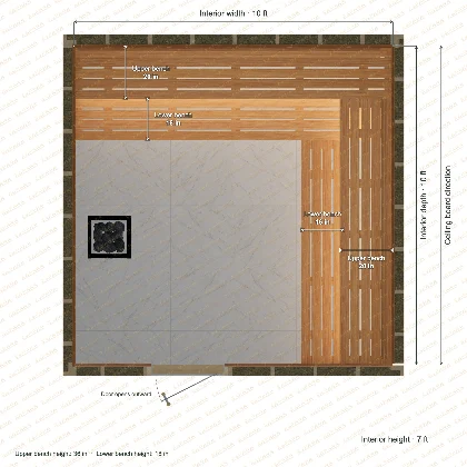 10 × 10 × 7 ft indoor sauna with upper & lower l-shaped benches, clear cedar top plan with room and bench dimensions