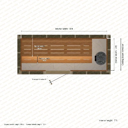 8 × 3 × 7 ft indoor sauna with straight benches, clear cedar top plan with room and bench dimensions
