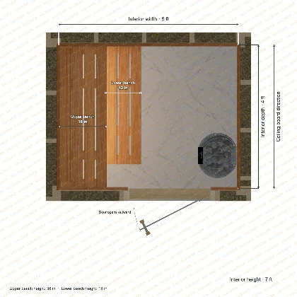 5 × 4 × 7 ft indoor sauna with straight benches, clear cedar top plan with room and bench dimensions