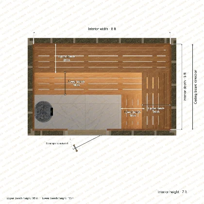 8 × 5 × 7 ft indoor sauna with upper & lower l-shaped benches, clear cedar top plan with room and bench dimensions