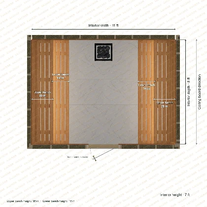 11 × 8 × 7 ft indoor sauna with opposing side benches, clear cedar top plan with room and bench dimensions