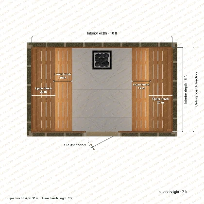 10 × 6 × 7 ft indoor sauna with opposing side benches, clear cedar top plan with room and bench dimensions