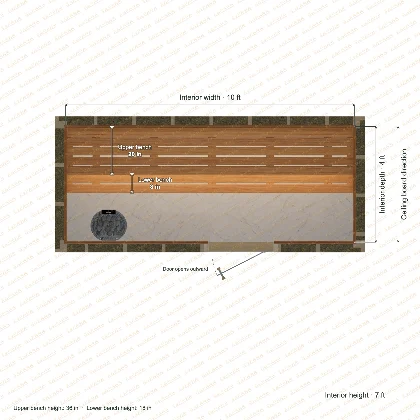10 × 4 × 7 ft indoor sauna with straight benches, clear cedar top plan with room and bench dimensions