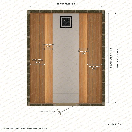 8 × 10 × 7 ft indoor sauna with opposing side benches, clear cedar top plan with room and bench dimensions