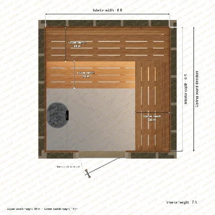 6 × 6 × 7 ft indoor sauna with upper l-shaped benches, clear cedar top plan with room and bench dimensions