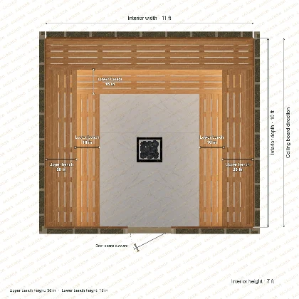 11 × 10 × 7 ft indoor sauna with u-shaped benches, clear cedar top plan with room and bench dimensions