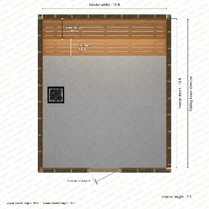 10 × 12 × 7 ft indoor sauna with straight benches, clear cedar top plan with room and bench dimensions