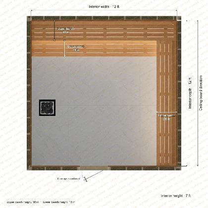 12 × 12 × 7 ft indoor sauna with upper l-shaped benches, clear cedar top plan with room and bench dimensions