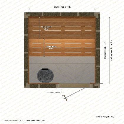 5 × 5 × 7 ft indoor sauna with straight benches, clear cedar top plan with room and bench dimensions