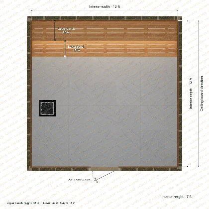 12 × 12 × 7 ft indoor sauna with straight benches, clear cedar top plan with room and bench dimensions