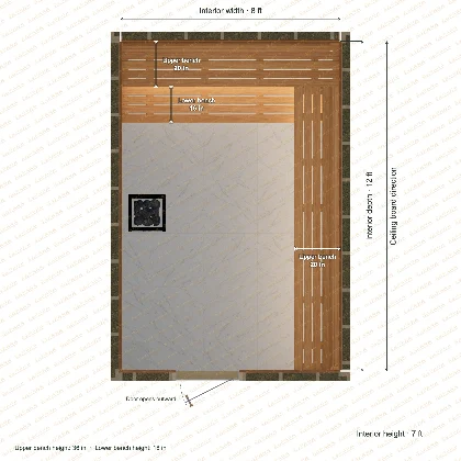 8 × 12 × 7 ft indoor sauna with upper l-shaped benches, clear cedar top plan with room and bench dimensions