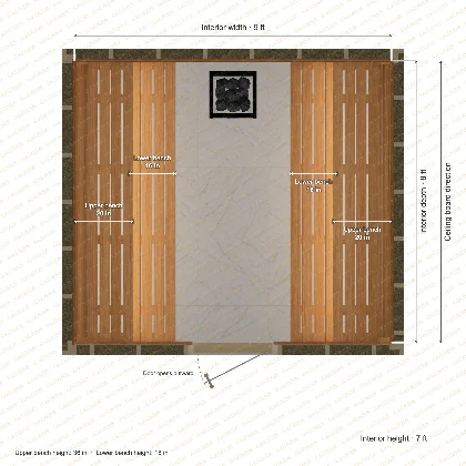 9 × 8 × 7 ft indoor sauna with opposing side benches, clear cedar top plan with room and bench dimensions