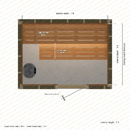7 × 5 × 7 ft indoor sauna with straight benches, clear cedar top plan with room and bench dimensions