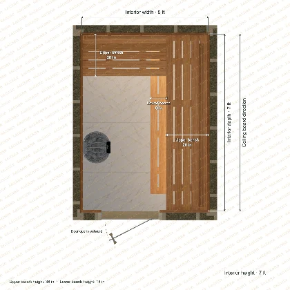 5 × 7 × 7 ft indoor sauna with upper l-shaped benches, clear cedar top plan with room and bench dimensions