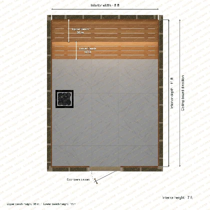 8 × 11 × 7 ft indoor sauna with straight benches, clear cedar top plan with room and bench dimensions