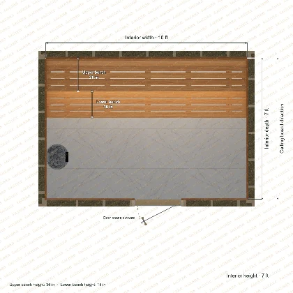 10 × 7 × 7 ft indoor sauna with straight benches, clear cedar top plan with room and bench dimensions