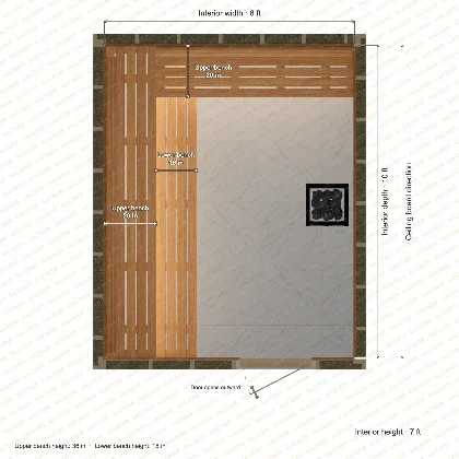 8 × 10 × 7 ft indoor sauna with upper l-shaped benches, clear cedar top plan with room and bench dimensions