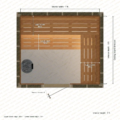 7 × 6 × 7 ft indoor sauna with upper l-shaped benches, clear cedar top plan with room and bench dimensions