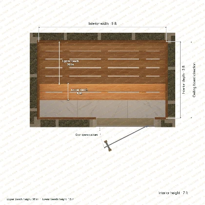 5 × 3 × 7 ft indoor sauna with straight benches, clear cedar top plan with room and bench dimensions
