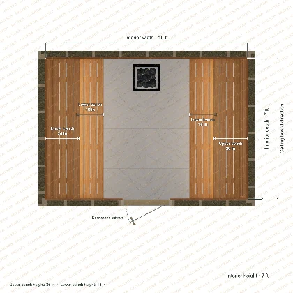 10 × 7 × 7 ft indoor sauna with opposing side benches, clear cedar top plan with room and bench dimensions