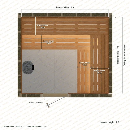 8 × 7 × 7 ft indoor sauna with upper & lower l-shaped benches, clear cedar top plan with room and bench dimensions