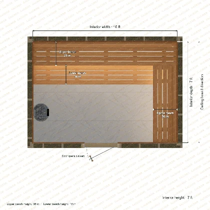 10 × 7 × 7 ft indoor sauna with upper l-shaped benches, clear cedar top plan with room and bench dimensions