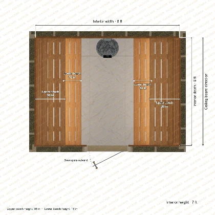 8 × 6 × 7 ft indoor sauna with opposing side benches, clear cedar top plan with room and bench dimensions