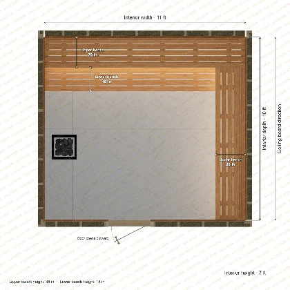 11 × 10 × 7 ft indoor sauna with upper l-shaped benches, clear cedar top plan with room and bench dimensions