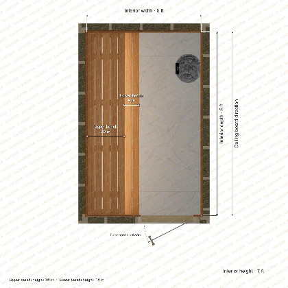 5 × 8 × 7 ft indoor sauna with straight benches, clear cedar top plan with room and bench dimensions