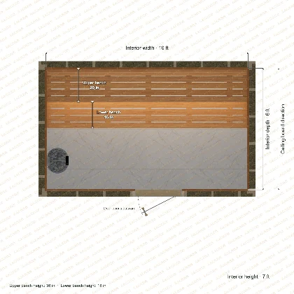 10 × 6 × 7 ft indoor sauna with straight benches, clear cedar top plan with room and bench dimensions