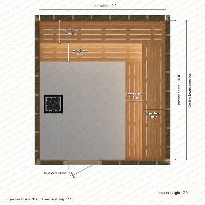 9 × 10 × 7 ft indoor sauna with upper & lower l-shaped benches, clear cedar top plan with room and bench dimensions