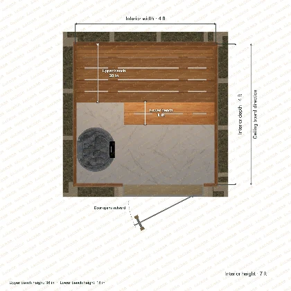 4 × 4 × 7 ft indoor sauna with straight benches, clear cedar top plan with room and bench dimensions