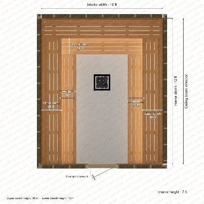 10 × 12 × 7 ft indoor sauna with u-shaped benches, clear cedar top plan with room and bench dimensions