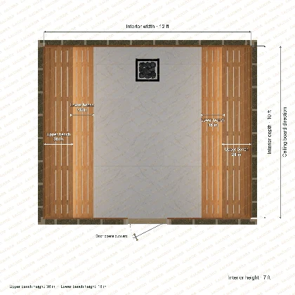 12 × 10 × 7 ft indoor sauna with opposing side benches, clear cedar top plan with room and bench dimensions